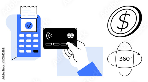Hand using a contactless bank card with POS terminal, receipt, dollar coin, and 360-degree concept. Ideal for fintech, digital payment, e-commerce, banking, transaction innovation modern finance