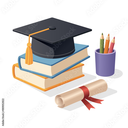Graduation vector banner image consisting of a graduation cap or toga, graduation diploma, book and stationery