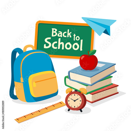 Back to school vector banner image consisting of bag, ruler, stack of books, blackboard, alarm clock
