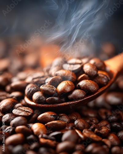 Aromatic Coffee Beans in Wooden Spoon with Rising Steam on Dark Background Close Up Macro Shot
