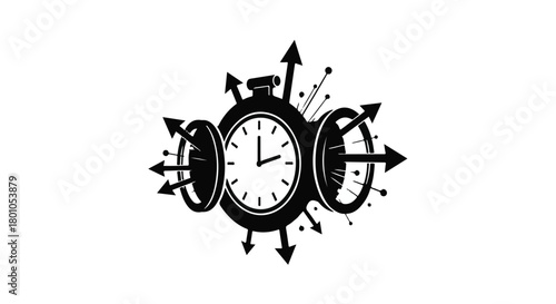 Abstract illustration of a clock exploding with arrows and radiating lines, symbolizing time and speed.