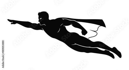 Dynamic silhouette of a powerful superhero flying through the air with cape billowing.