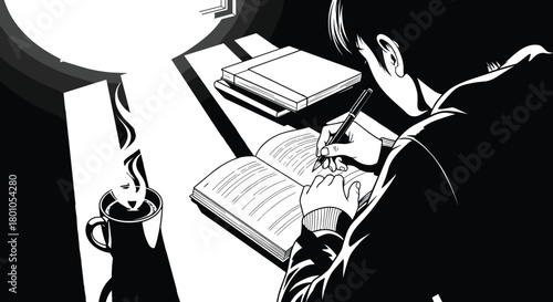 Focused writing moment, person at desk, open book, coffee cup, black and white, study scene, pen, learning, quiet reflection