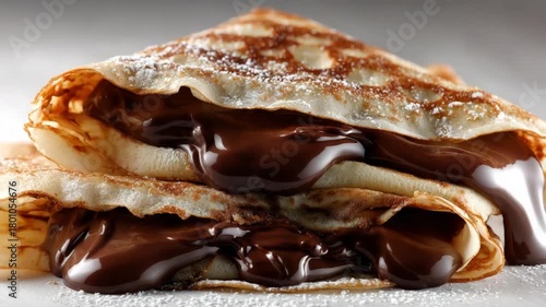Close-up of stacked crepes filled with chocolate sauce, dusted with powdered sugar