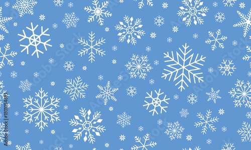 Seamless pattern of white snowflakes with geometric shapes on blue background showing winter season and christmas decorative texture for festive design