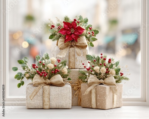 Beautifully wrapped holiday gifts with floral accents, perfect for festive celebrations and seasonal decorations.