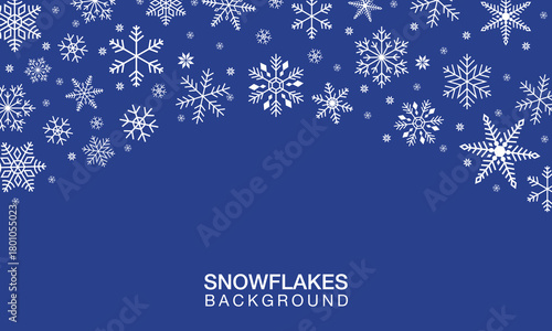 Elegant snowflake background with white geometric snowflakes arranged in curved border on dark blue backdrop creating winter and christmas festive design