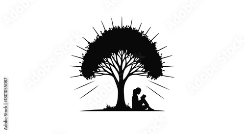 Silhouette of a person reading under a radiant tree, symbolizing knowledge and growth
