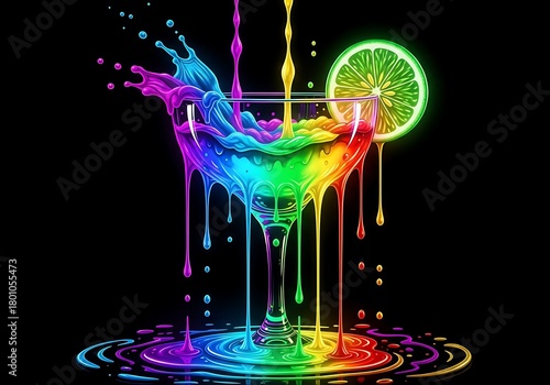 Rainbow colored liquid splashing from a martini glass