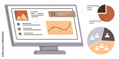 Computer monitor displaying analytics interface with charts, graphs, and reports. Pie and line representations alongside team-related data points. Ideal for data analysis, business management