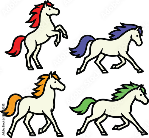 Minimalist Outline Horses with Colorful Manes Set