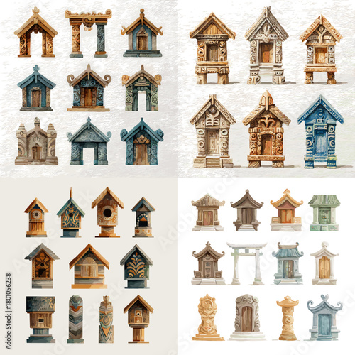 Watercolor ancient temples and shrine structures in stone and wood with ornate details. Perfect for architecture themes cultural heritage illustration fantasy settings and decorative design.