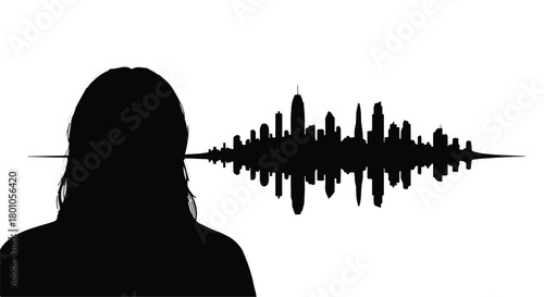 Silhouette of a person listening to a sound wave representing a city skyline