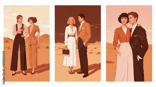 Vintage fashion illustrations of couples posing in desert landscapes