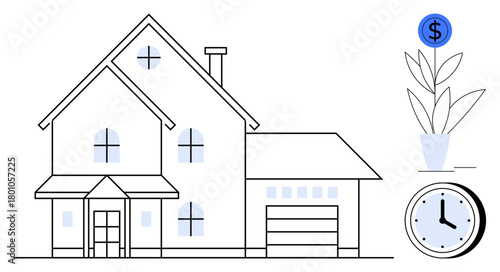 Large modern house with garage, plant with dollar sign symbolizing financial growth, clock indicating time management. Ideal for real estate, investment, savings, budgeting, planning, time value