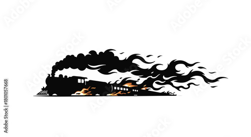 Powerful steam engine train speeding through fire and smoke, conveying speed and intensity