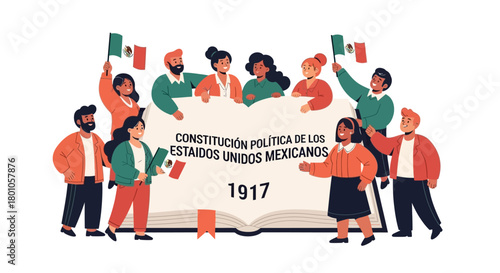 Mexican Constitution of 1917 Illustration of a Diverse Group of People Holding a Book and Flags