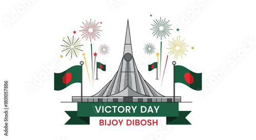 Bangladesh Victory Day Celebration Bijoy Dibosh Illustration with National Symbols and Fireworks