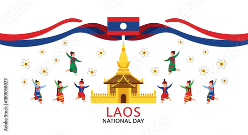 Happy Laos National Day celebration with traditional dancers around a golden pagoda under a flag