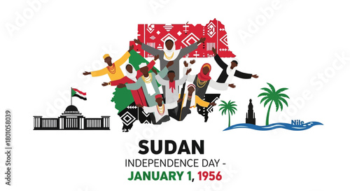 Festive vector art for Sudan's Independence Day featuring a cultural map with diverse people and national symbols