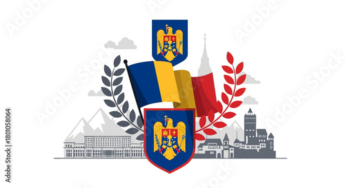 Romanian Flags and Coat of Arms in a Symbolic Composition, Representing the Nation