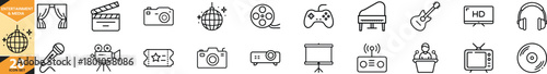 Entertainment and media related line icons collection including film, music, gaming, and broadcasting elements. Vector