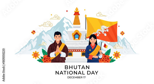 A Bhutanese couple in traditional Gho and Kira attire celebrating with a flag and stupa in a mountain landscape vector illustration