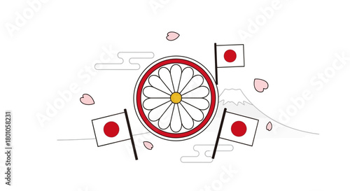 Japan's Iconic Symbols The Imperial Seal and the National Flag Amidst Cherry Blossoms and Mount Fuji