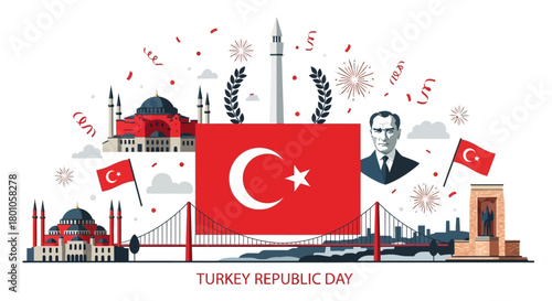 Vibrant Turkish Republic Day Celebration with Iconic Landmarks and National Symbols of Patriotism