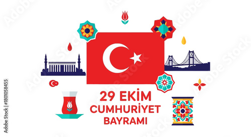 Vibrant Turkish Republic Day celebration banner featuring iconic Istanbul landmarks, the national flag, and traditional cultural motifs for patriotic designs
