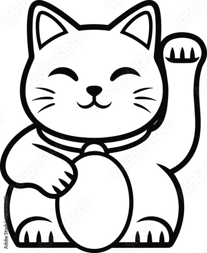 Maneki-neko line drawing, lucky cat, Japanese symbol, fortune figurine, minimalist art, black and white, cultural icon, beckoning gesture
