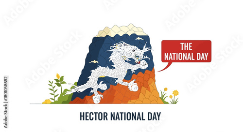Festive vector illustration of a symbolic white dragon over a mountainous landscape for a National Day celebration
