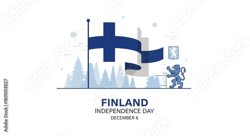 Commemorative vector art for Finland's Independence Day on December 6th, featuring the national flag, heraldic lion, and a serene winter forest scene