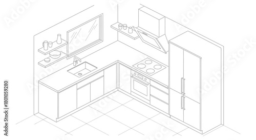 Isometric kitchen illustration with appliances and furniture in a modern style