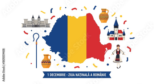 Vector illustration celebrating Romania's National Day with a map, flag, and cultural landmarks on a white background