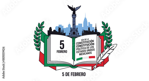 Symbolic Illustration for Mexican Constitution Day, February 5th, featuring a patriotic open law book, urban skyline, and a quill pen representing national history