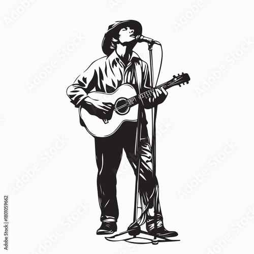 Street Musician Playing Guitar with Microphone Vector on white background
