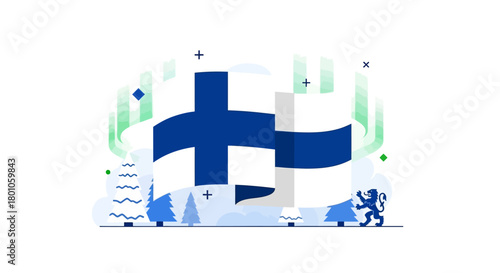 Finnish Flags with Aurora Borealis and Winter Scenery