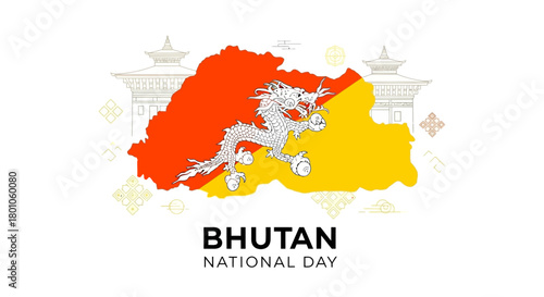 Bhutan National Day Celebration with National Flag and Outline Map