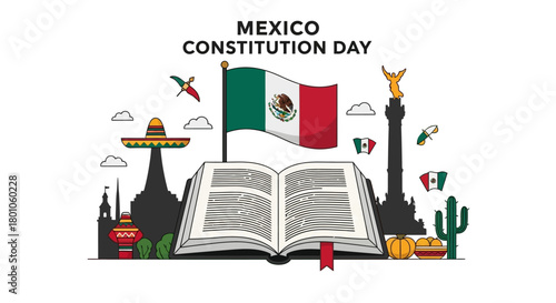 Festive Mexico Constitution Day celebration vector art with an open constitution book, national flag, and vibrant cultural symbols
