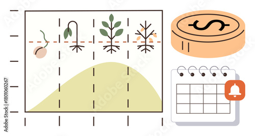 Growth chart with seedling stages, a dollar coin symbolizing financial investments, and a calendar with reminder alert. Ideal for finance, business planning, investment, growth tracking, savings