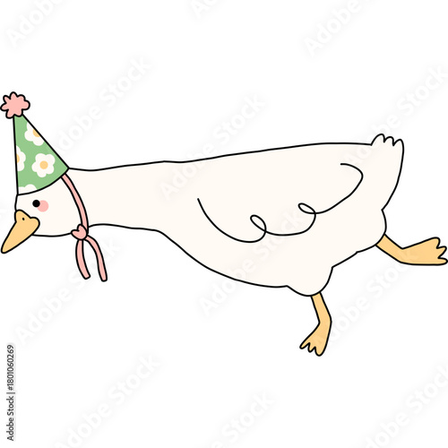 Cute Goose with Green Party hat hand drawn illustration