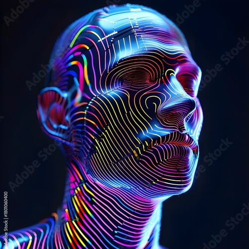 A futuristic digital artwork featuring a humanoid face covered in glowing neon lines that flow across the contours of the skin like cybernetic circuitry. The vibrant multicolored patterns create a hig