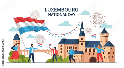 Luxembourg National Day Celebration with Flag and Fireworks