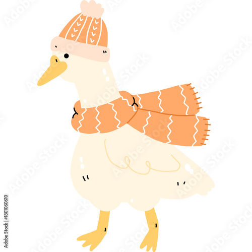 Cute Goose with orange scarf and winter hat hand drawn illustration