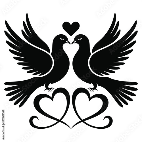 Doves kissing with intertwined heart shapes pigeons