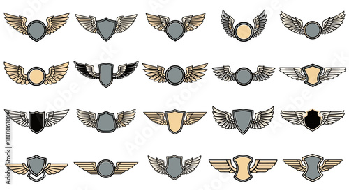 Collection of heraldic wings and shields illustrations on white background.