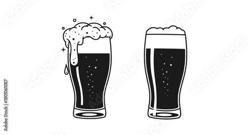 Two stylized beer glasses, one with overflowing foam and drips, against a white background, representing beer, alcohol, and beverages.