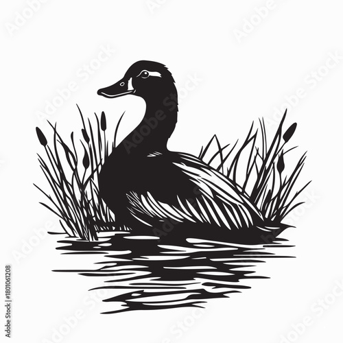 Wildlife Duck Silhouette in Shrub Vector isolated on white background
