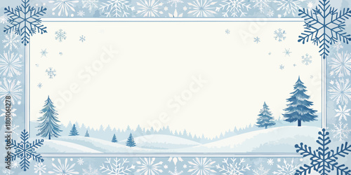 Christmas vector winter landscape with snowflakes border and pine trees on snow covered hills in light blue tones